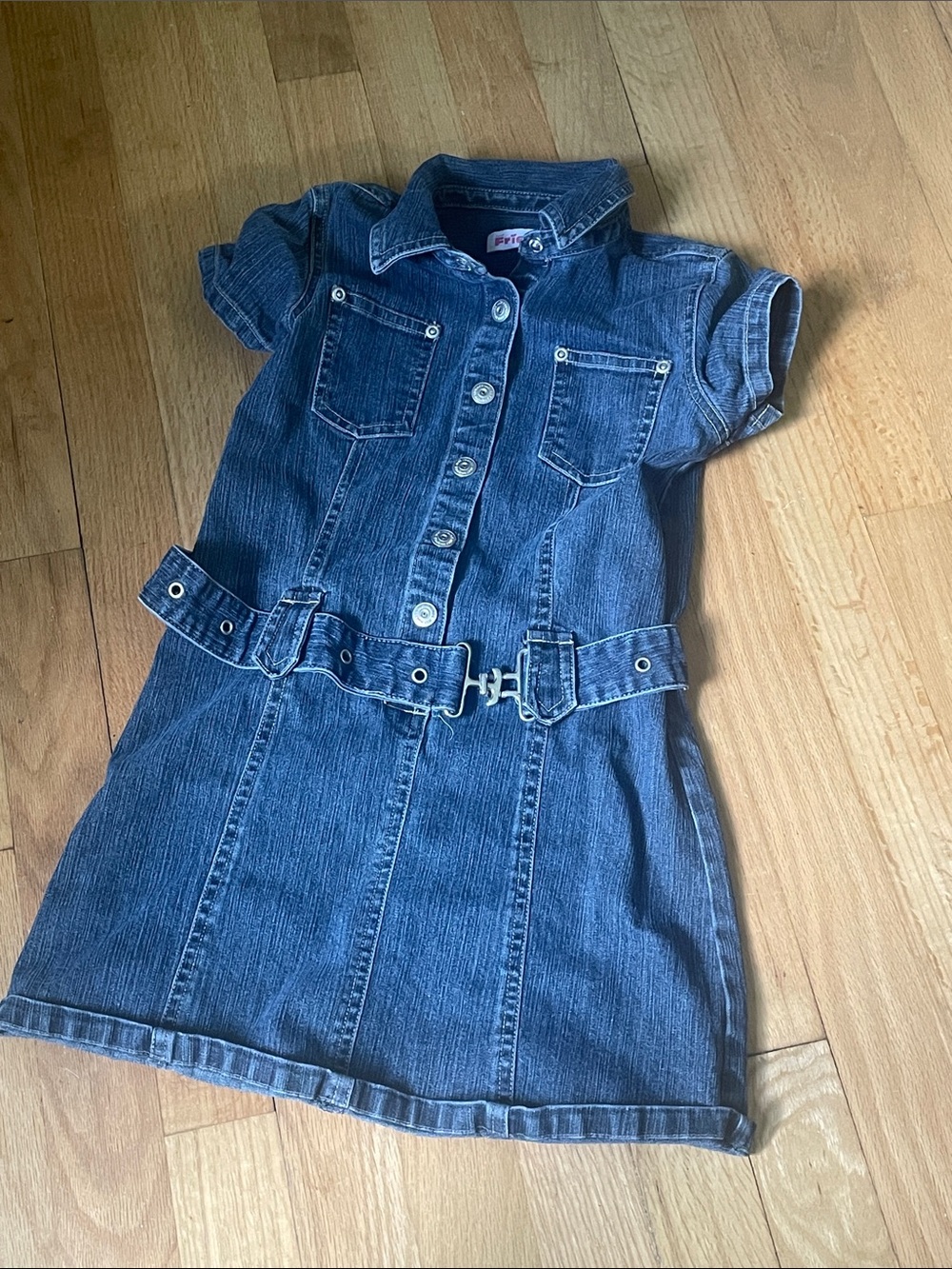 Denim Button-Front Short Sleeve Shirt Dress with Belt